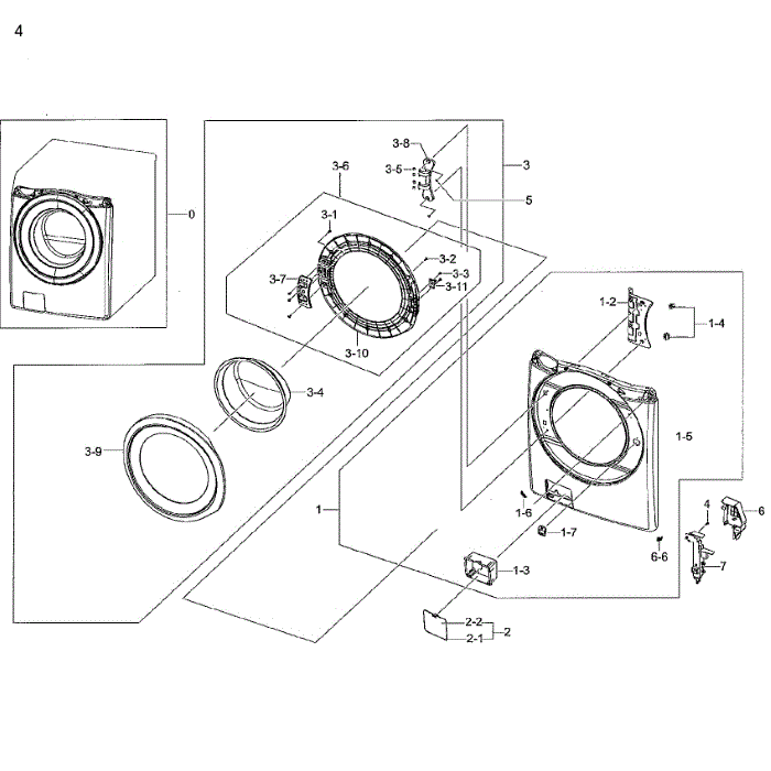 Frame Front And Door Diagram and Parts List for WF42H5200AW A2-01 Samsung Washer