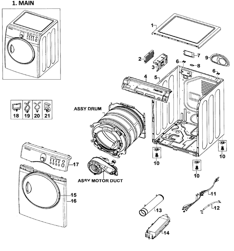 Main Assy Diagram and Parts List for DV218AEB XAA-0001 Samsung Dryer