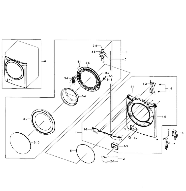 Front Assy Diagram and Parts List for WF455ARGSWR AA-0001 Samsung Washer