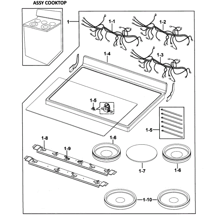 Cooktop Assembly Diagram and Parts List for FTQ352IWUX XAA-00 Samsung Range