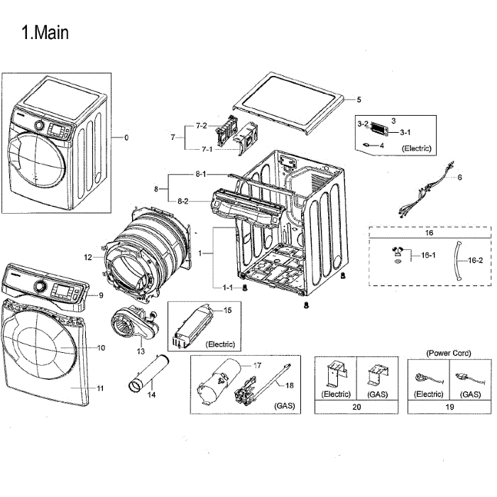 Main Diagram and Parts List for DVG45M5500P A3-00 Samsung Dryer