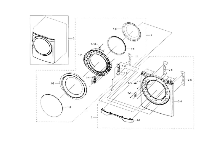 Frame & Front Door Diagram and Parts List for DV433GTGJWR A1-0000 Samsung Dryer