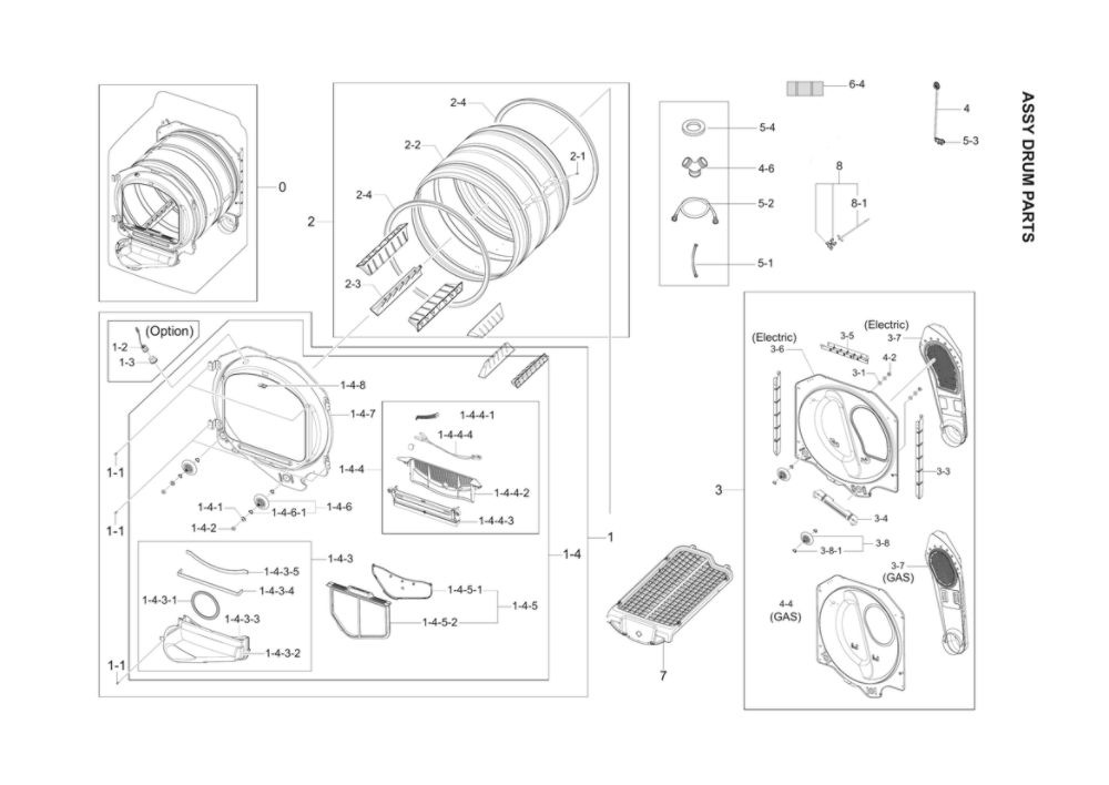 Drum Assembly Diagram and Parts List for DV52J8700EP A2-01 Samsung Dryer
