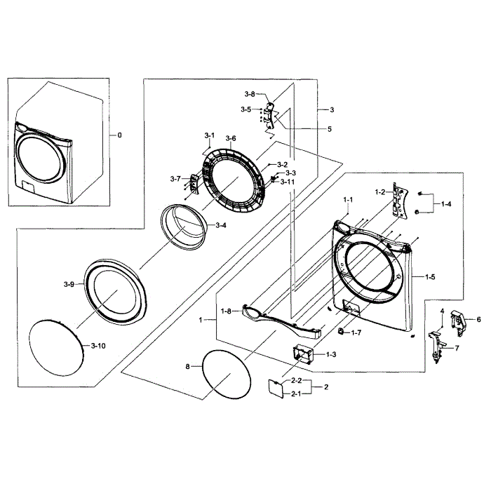 Frame Front And Door Diagram and Parts List for WF455ARGSGR AA-00 Samsung Washer