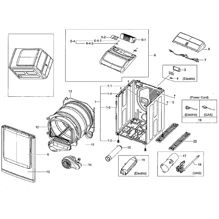 Main Assembly Diagram and Parts List for DV50K8600GW A3-01 Samsung Dryer