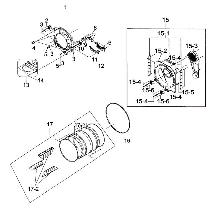 Drum Assembly Diagram and Parts List for DV206AES XAA-00 Samsung Dryer
