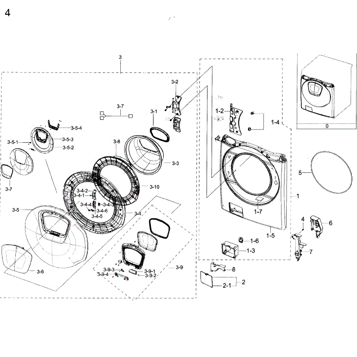 Frame Front And Door Diagram and Parts List for WF45K6500AV A2-00 Samsung Washer