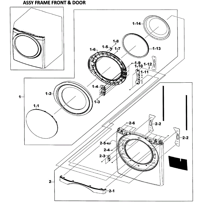 Front / Door Assembly Diagram and Parts List for DV520AEW XAA-00 Samsung Dryer
