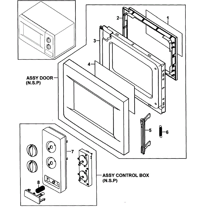 Door Diagram and Parts List for MW620WA XAA-00 Samsung Microwave