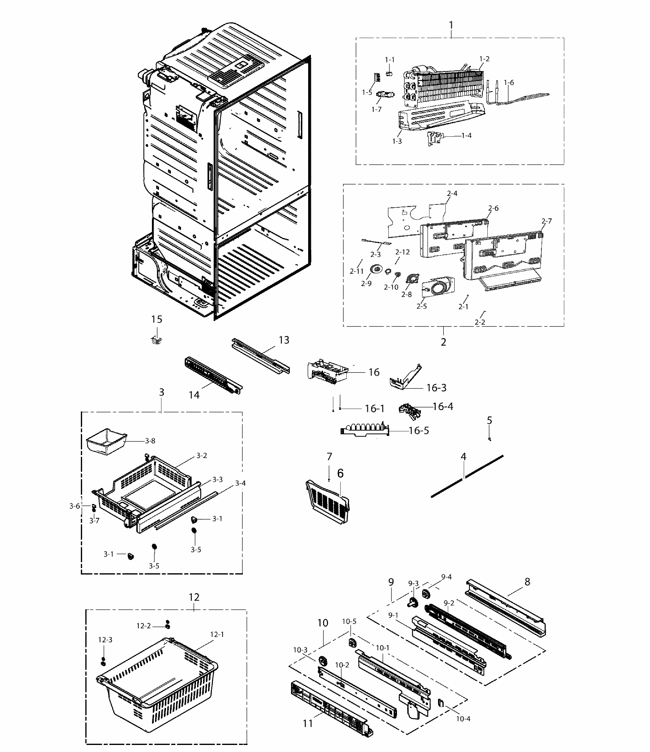 Freezer Assy Diagram and Parts List for RF221NCTASP AA-0000 Samsung Refrigerator