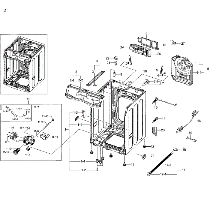 Frame And Cover Diagram and Parts List for WF42H5200AW A2-01 Samsung Washer