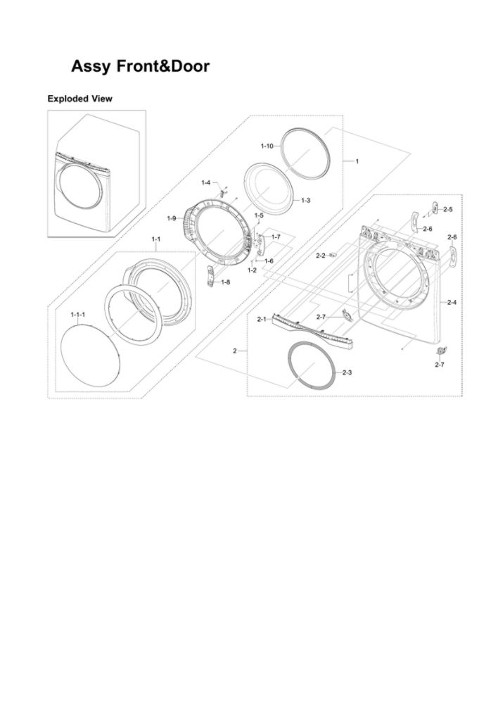 Front And Door Assembly Diagram and Parts List for DV419AGU XAA-04 Samsung Dryer