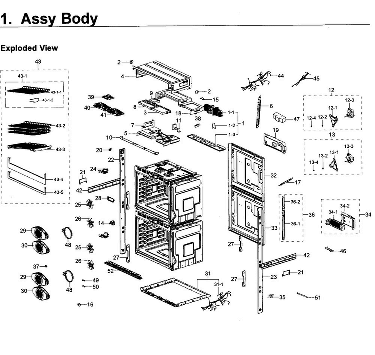 Body Diagram and Parts List for NV51K6650DG AA-0000 Samsung Wall Oven