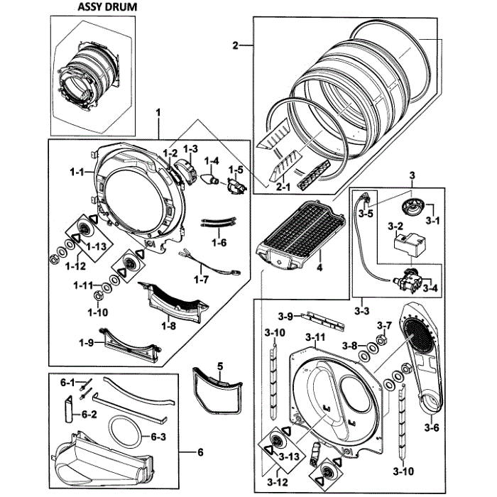 Drum Assembly Diagram and Parts List for DV350AGR XAA-00 Samsung Dryer