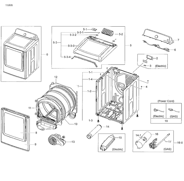 Main Asy Diagram and Parts List for DV48H7400GW A2-0001 Samsung Dryer