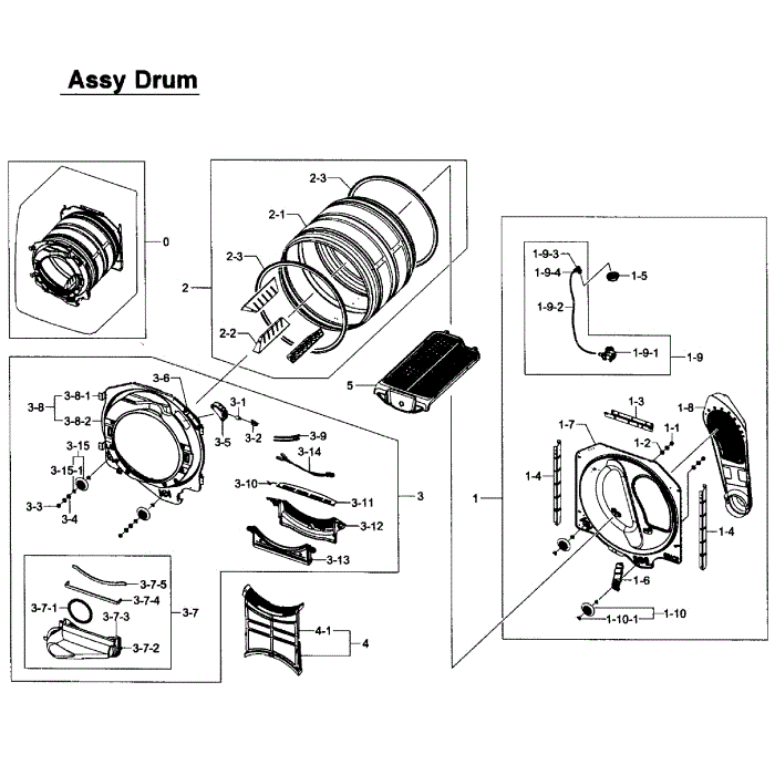 Drum Assembly Diagram and Parts List for DV405GTPAWR AA-01 Samsung Dryer
