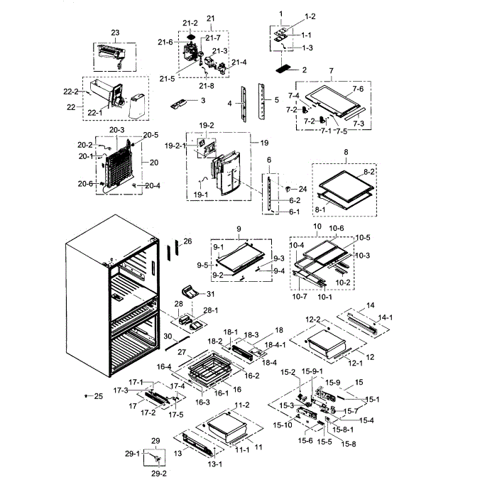Refrigerator Diagram and Parts List for RF30HBEDBSR AA-03 Samsung Refrigerator