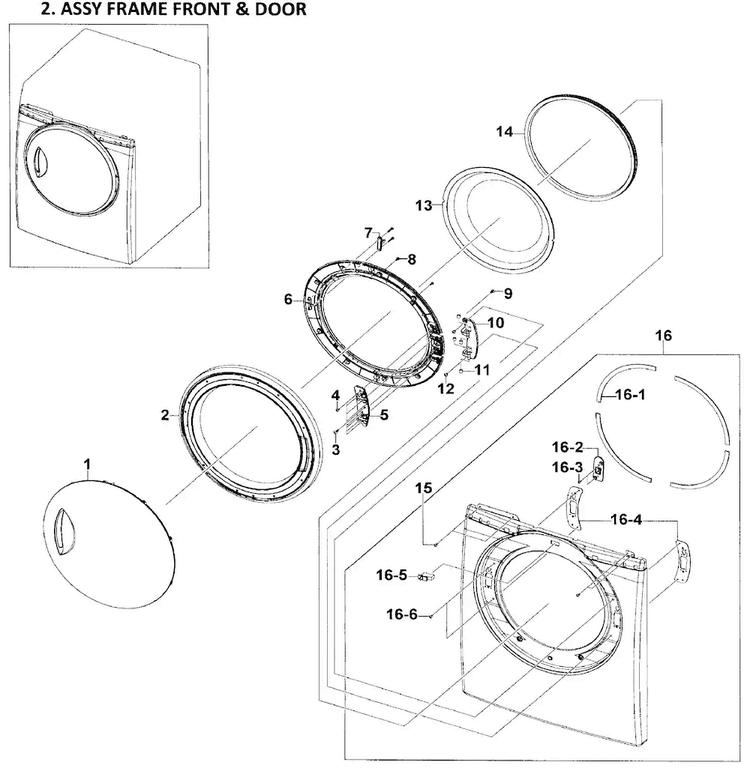 Front/door Assy Diagram and Parts List for DV209AEW XAA-0001 Samsung Dryer