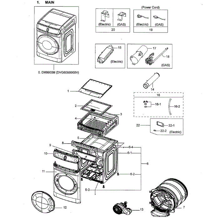 Main Assembly Diagram and Parts List for DVG60M9900V A3-00 Samsung Dryer