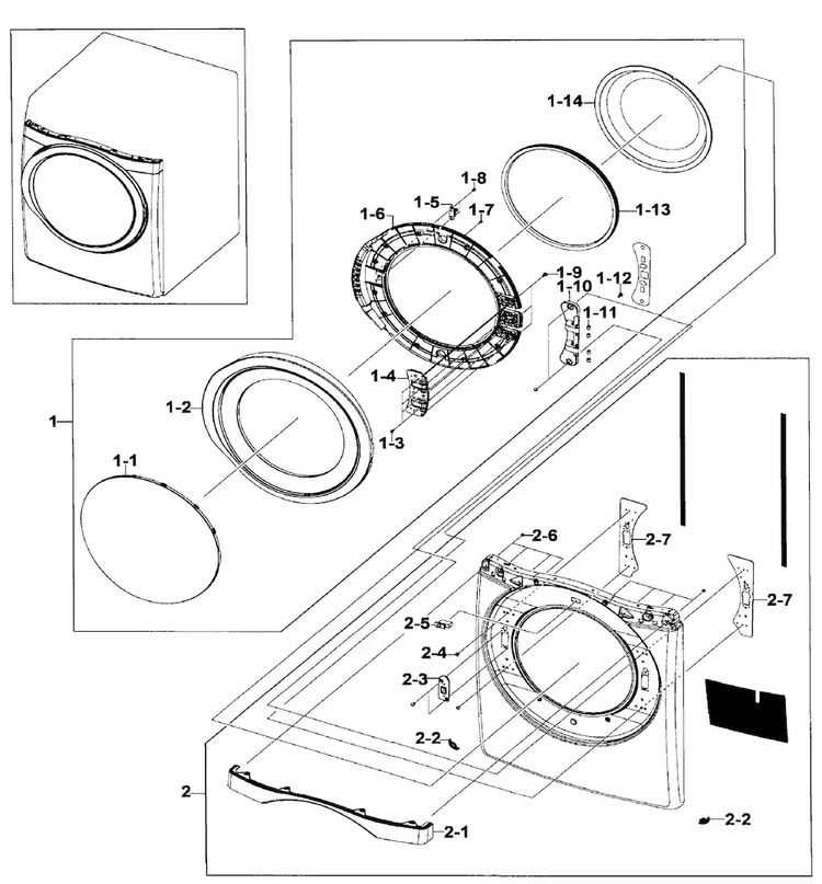 Front/door Assy Diagram and Parts List for DV520AEP XAA-0002 Samsung Dryer