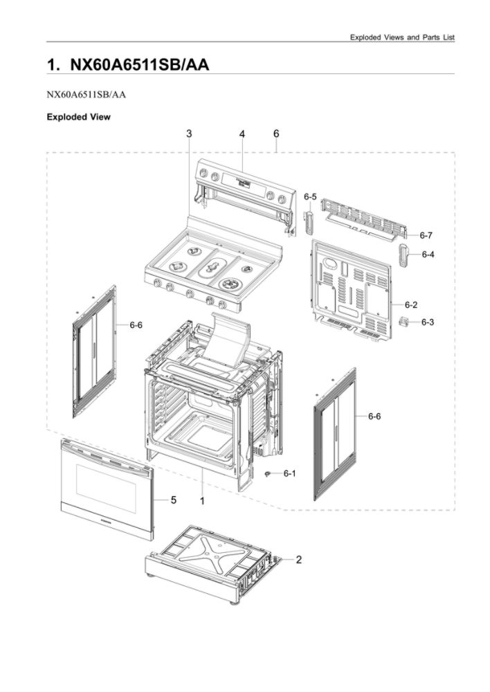 Main Assembly Diagram and Parts List for NX60A6511SB AA-00 Samsung Range