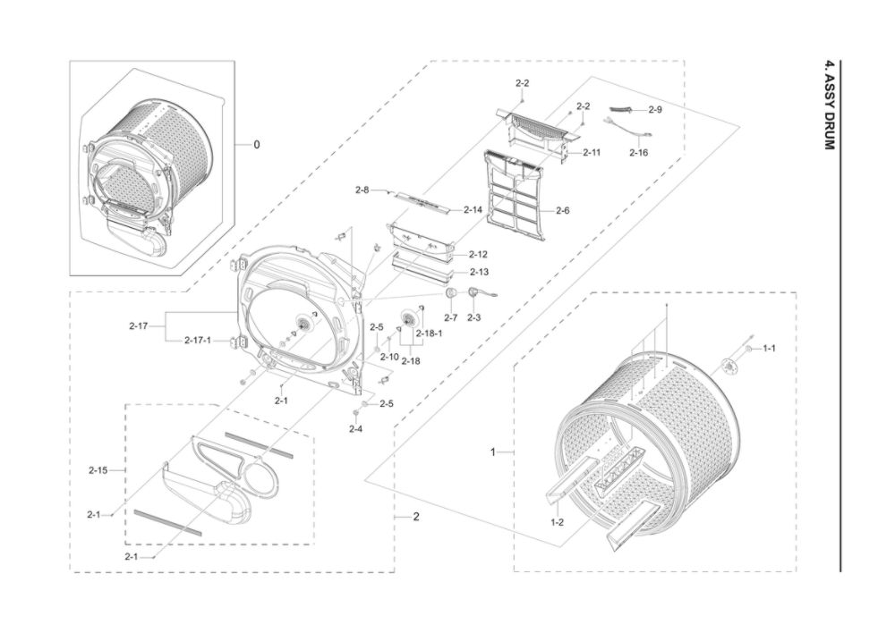 Drum Assembly Diagram and Parts List for DV22K6800EW A1-11 Samsung Dryer