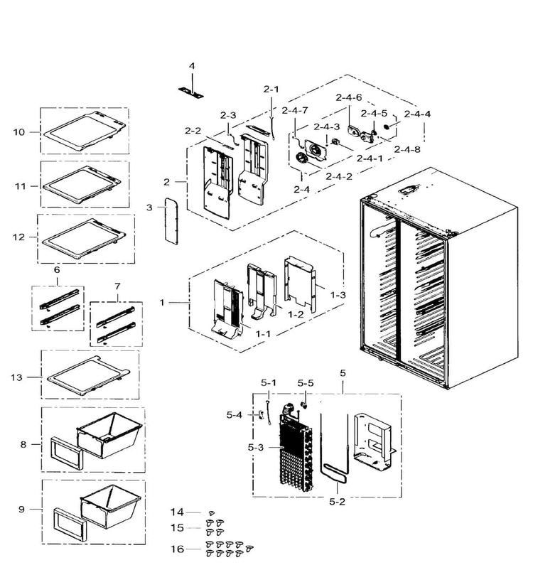 Freezer Diagram and Parts List for RS25H5111SR AA-0001 Samsung Refrigerator
