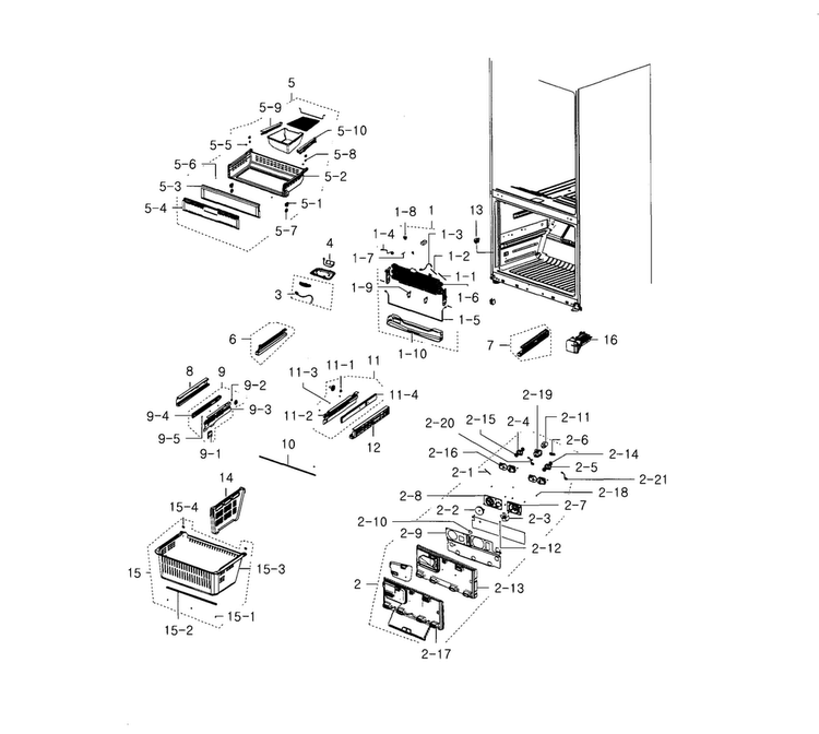 Freezer Diagram and Parts List for RFG237AABP XAA-0002 Samsung Refrigerator