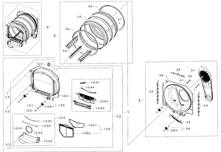 Drum Parts Diagram and Parts List for DV40J3000GW A2-0000 Samsung Dryer