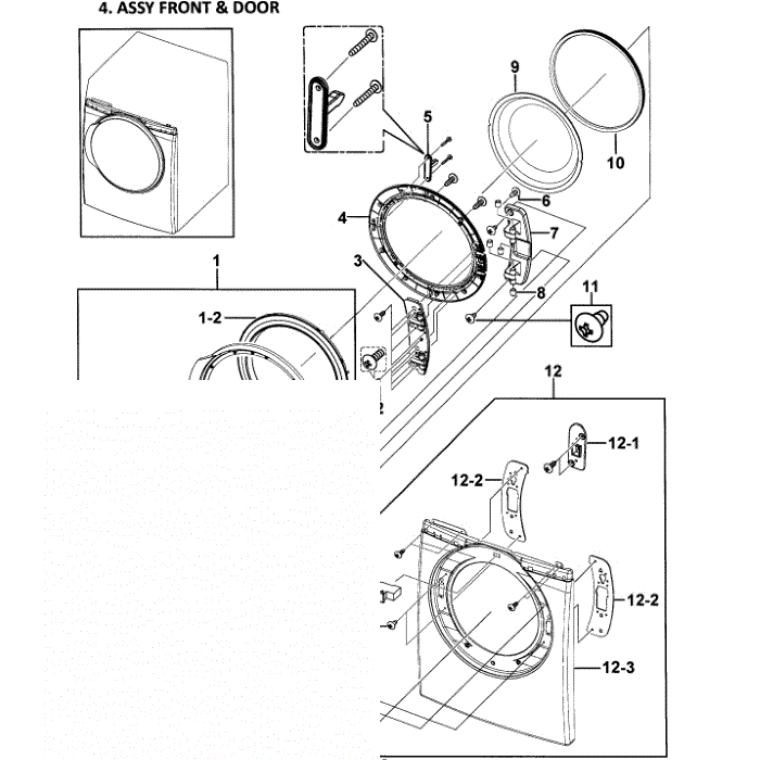 Front Assembly Diagram and Parts List for DV338AGW XAA-00 Samsung Dryer