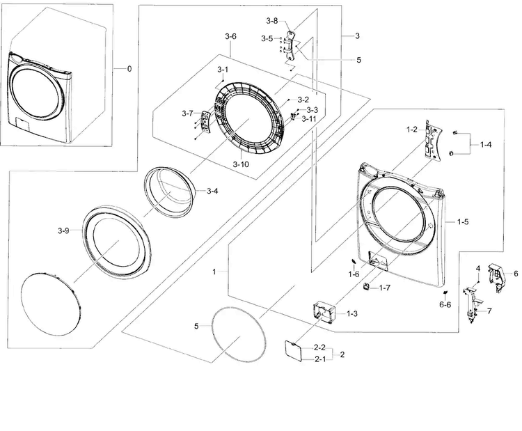 Front Section Diagram and Parts List for WF45H6300AG A2-0001 Samsung Washer