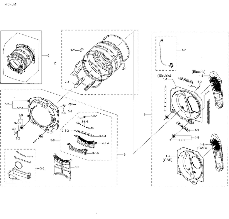 Drum Diagram and Parts List for DV42H5000GW A3-0001 Samsung Dryer