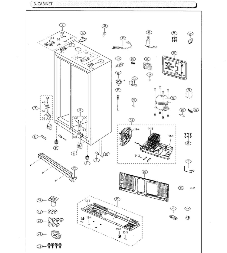 Cabinet Diagram and Parts List for RS25J500DSG AA-0000 Samsung Refrigerator