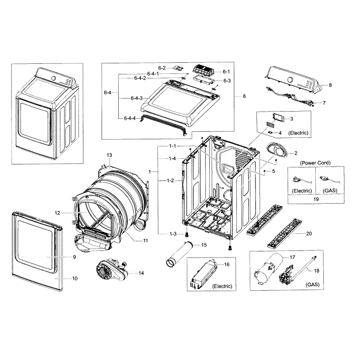 Main Assembly Diagram and Parts List for DV52J8700EW A2-00 Samsung Dryer