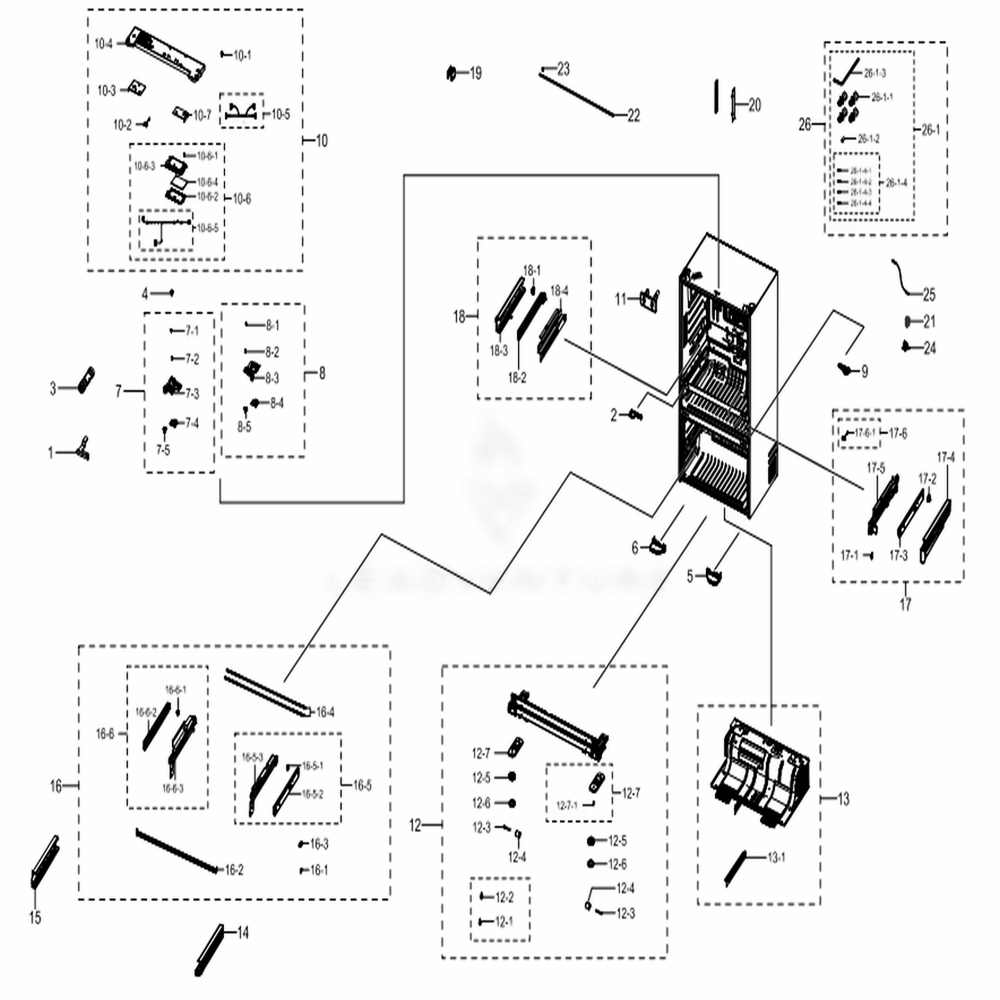 Cabinet 1 Diagram and Parts List for RF22NPEDBSR (AA)(0001) Samsung Refrigerator