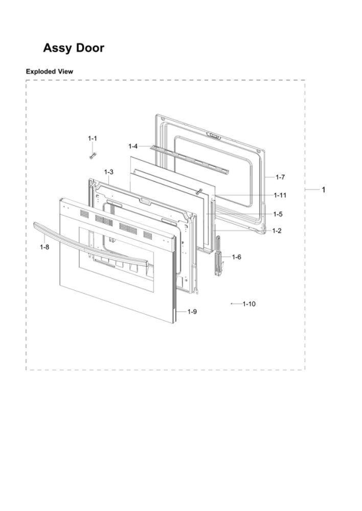 Door Assembly Diagram and Parts List for NX58R4311SG AA-01 Samsung Range