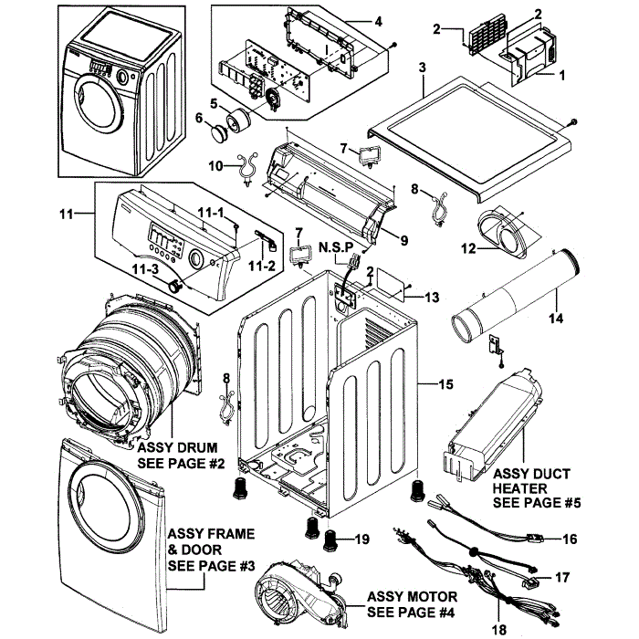 Main Assembly Diagram and Parts List for DV2C6BEW XAA-00 Samsung Dryer