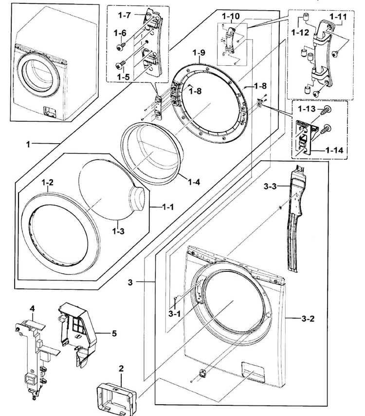Front/door Diagram and Parts List for WF209ANW XAA-0000 Samsung Washer