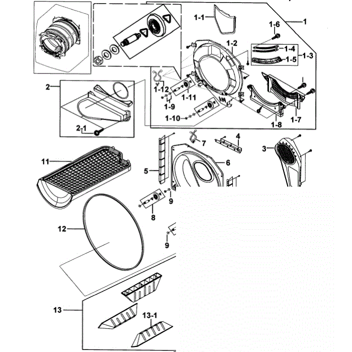 Drum Assembly Diagram and Parts List for DV317AES XAA-00 Samsung Dryer
