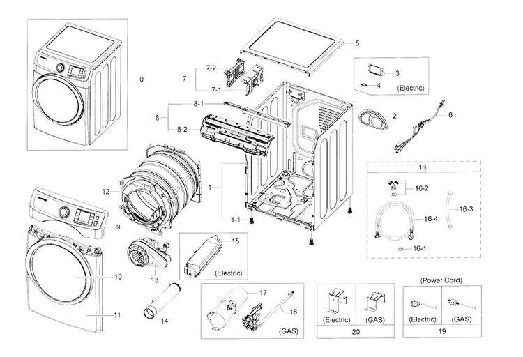 Main Assy Diagram and Parts List for DV42H5600GP A3-0000 Samsung Dryer