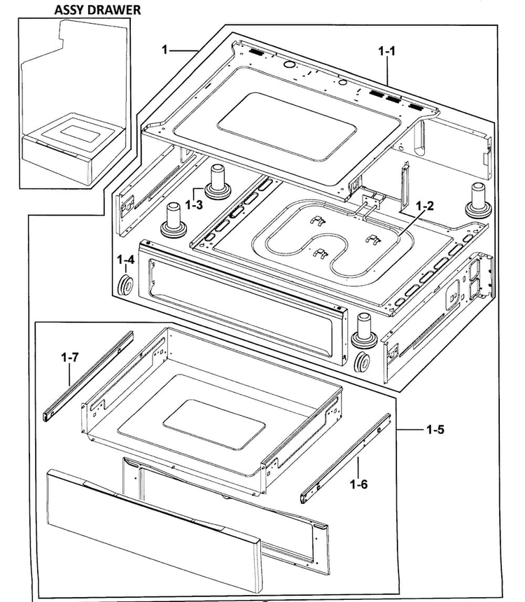 Drawer Assy Diagram and Parts List for FTQ353IWUX XAA-0000 Samsung Range
