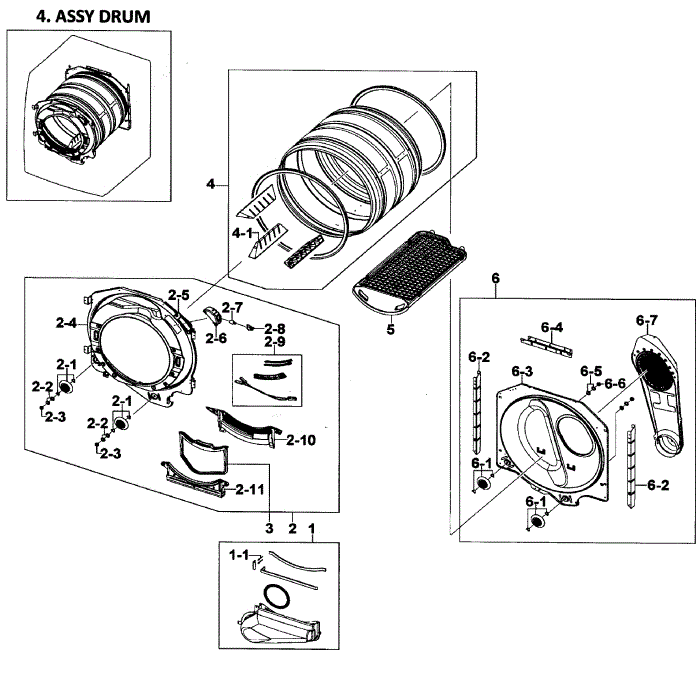 Drum Assembly Diagram and Parts List for DV218AEB XAA-01 Samsung Dryer
