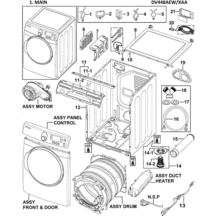 Main Assembly Diagram and Parts List for DV448AEW XAA-00 Samsung Dryer
