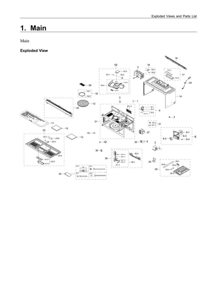 Main Unit Assembly Diagram and Parts List for ME16A4021AB AA-00 Samsung Microwave