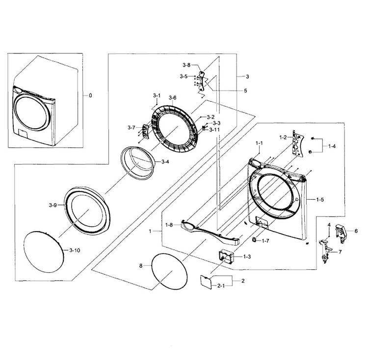 Frame Front & Door Diagram and Parts List for WF457ARGSWR AA-0000 Samsung Washer