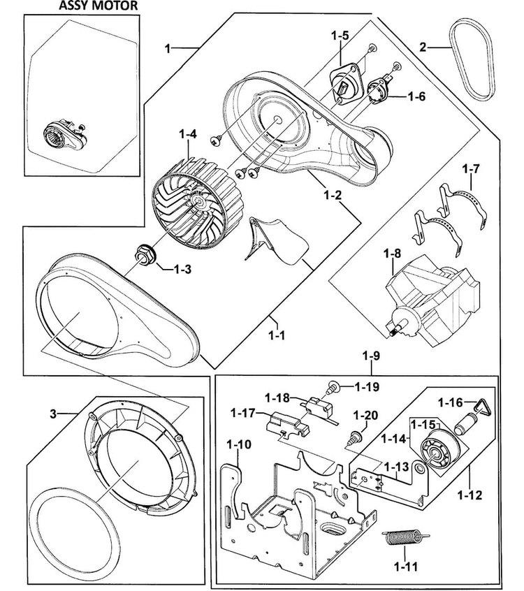 Motor Assy Diagram and Parts List for DV350AER XAA-0000 Samsung Dryer