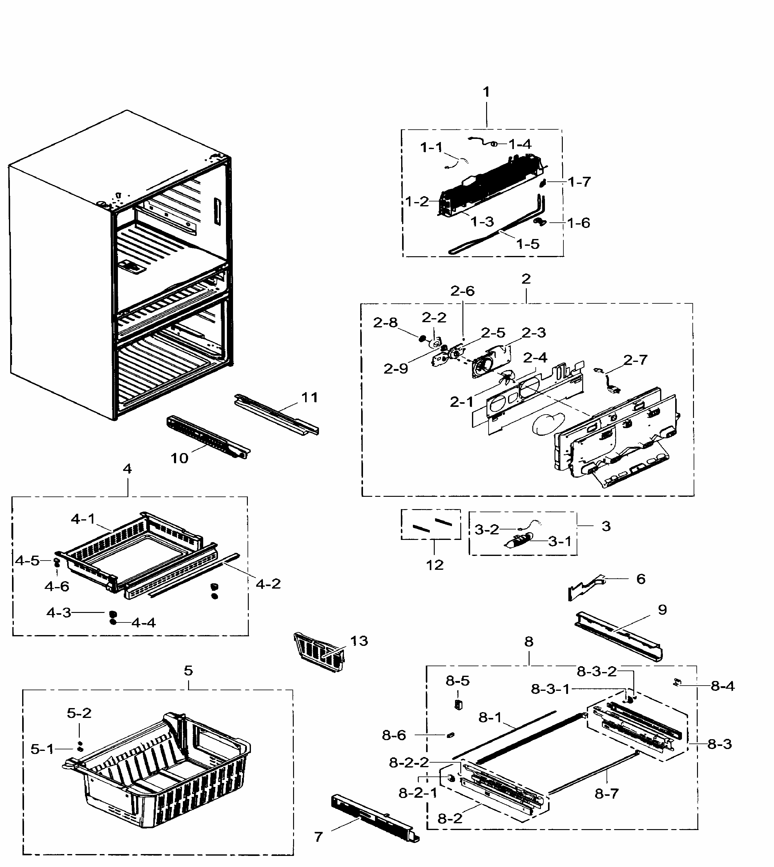 Freezer Diagram and Parts List for RF31FMEDBWW AA-0002 Samsung Refrigerator