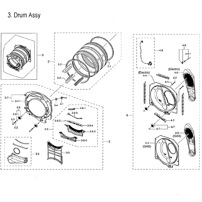 Drum Assembly Diagram and Parts List for DVG60M9900V A3-00 Samsung Dryer