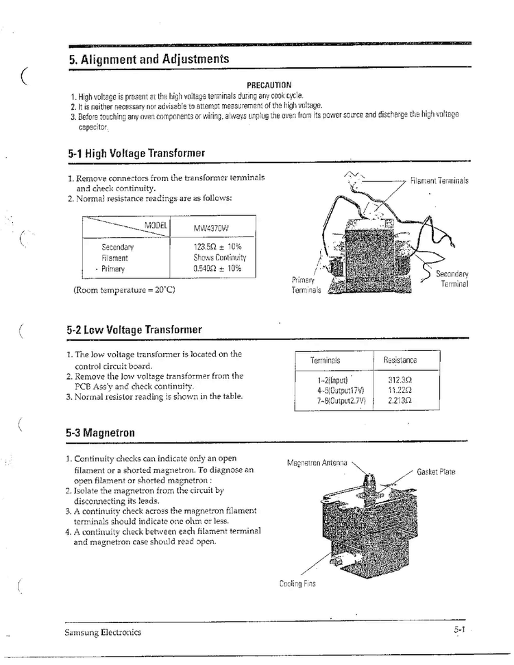 Alignment And Adjustments Diagram and Parts List for MW4371G XAA Samsung Microwave