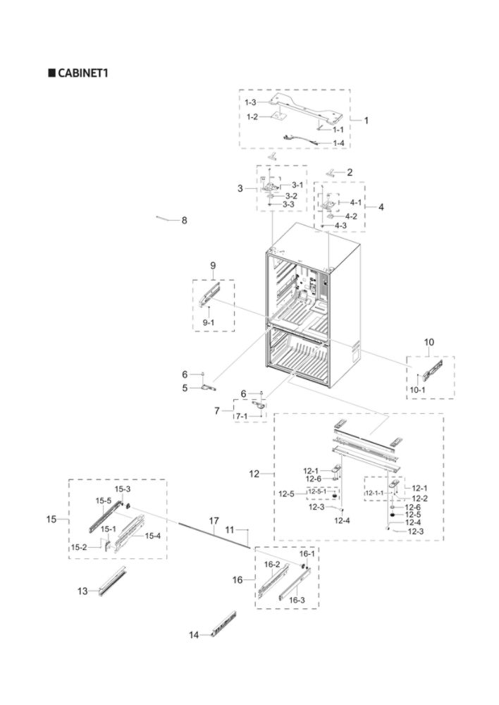 Cabinet 1 Diagram and Parts List for RF28T5F01SG AA-00 Samsung Refrigerator